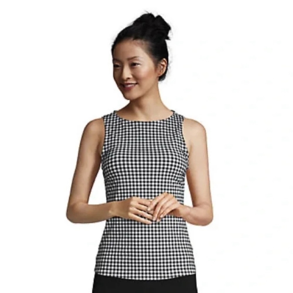 Lands' End Modest High Neck Black and White Gingham Tankini Top Sz: 8P